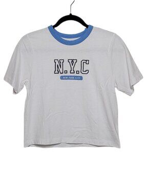 Cotton On NYC Graphic Ringer TShirt White Blue Cropped Tee Small Off Duty Model